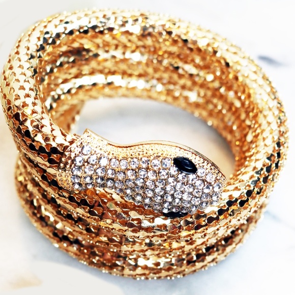 ⚜️ Kenneth Jay Lane Shimmering Gold Mesh and Clear Crystal Snake Wrap Bracelet - Picture 3 of 16